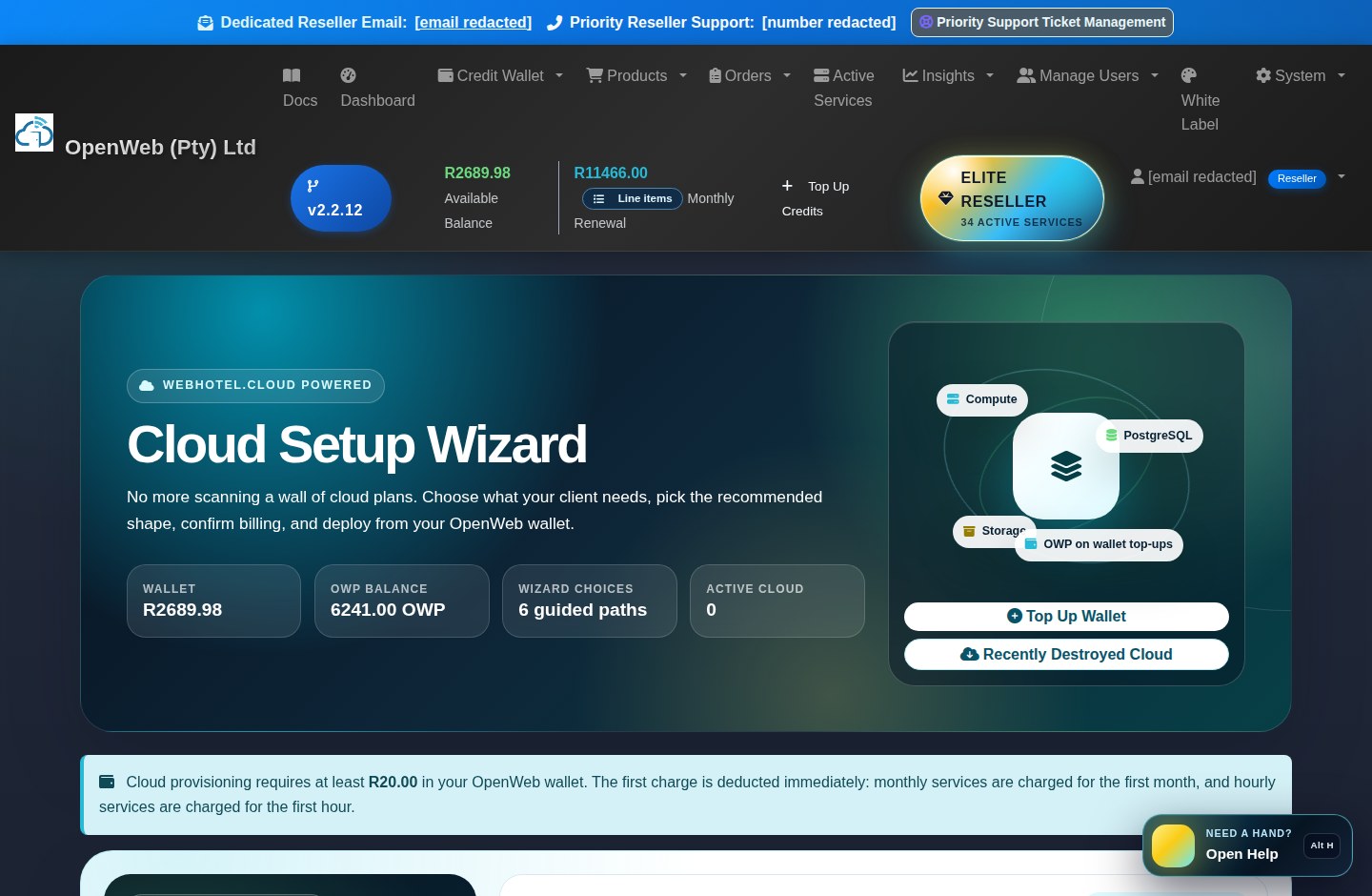 Current OpenWeb reseller panel screenshot: Cloud Setup Wizard